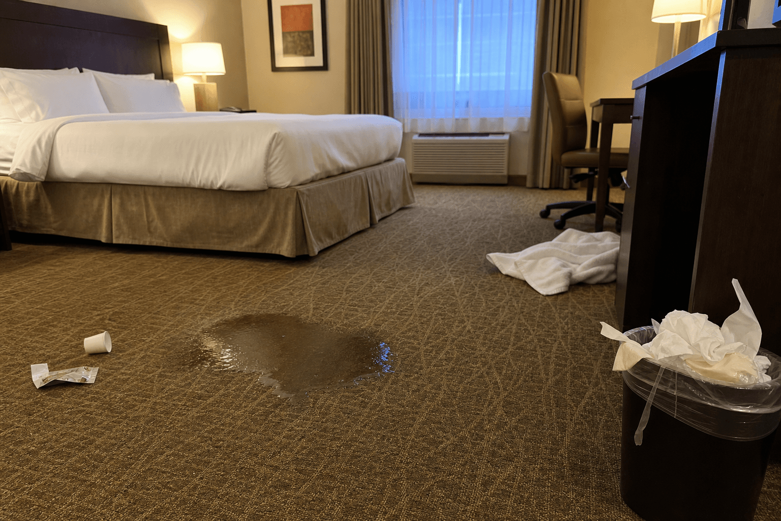 Hotel room inspection — trash, spill, and towel visible on carpet